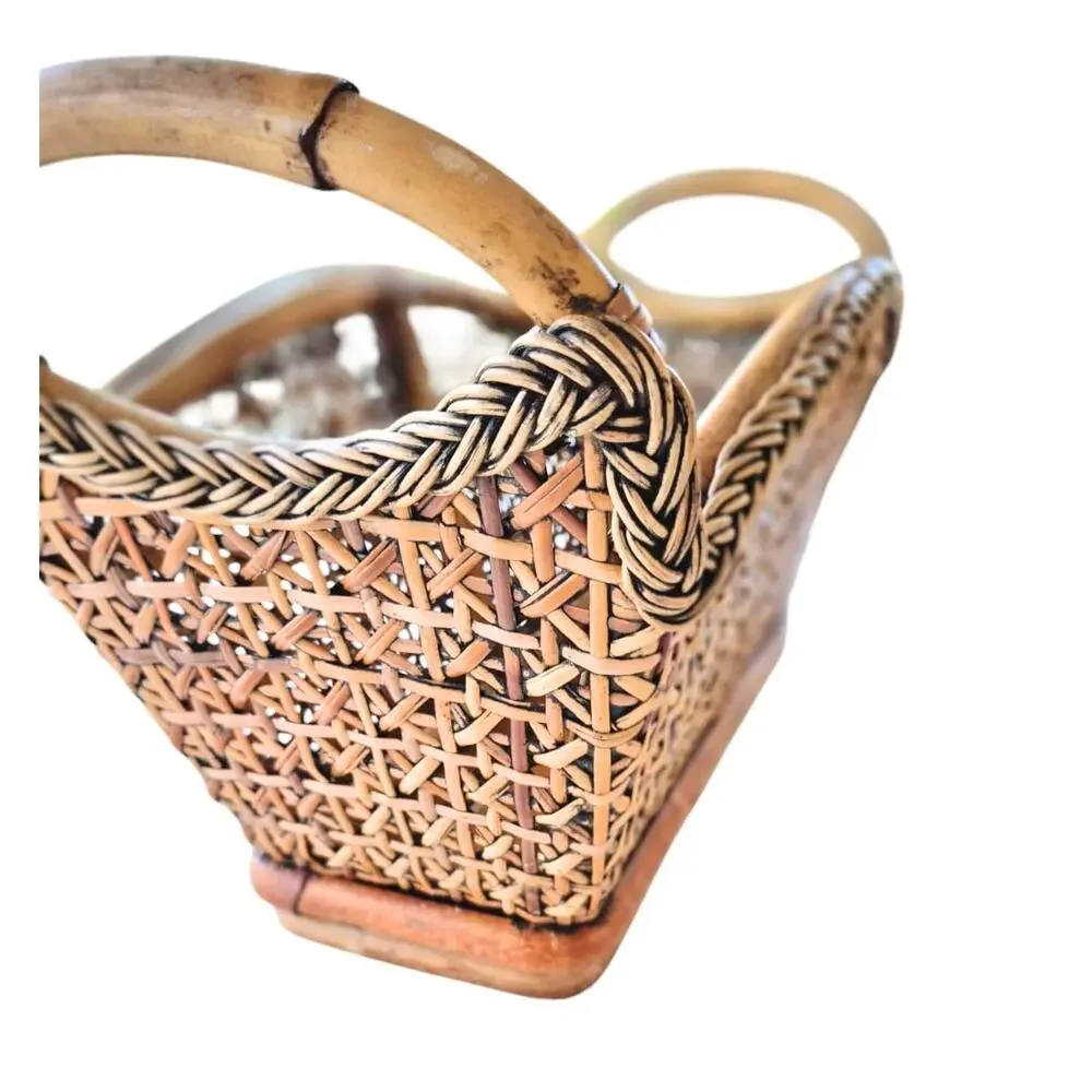 Vintage Rattan Woven Wicker Basket Magazine Rack 1960s Cottage Cabin Handles